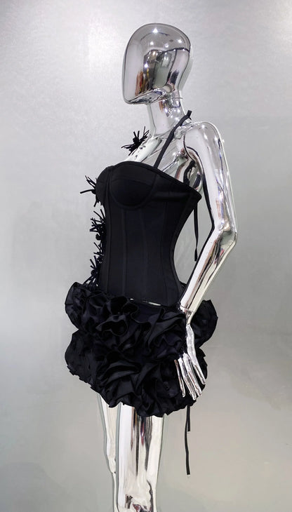 Black Red Women Sexy Strapless Laced-up Tops 2 Pieces Florals Bodycon Mini Bandage Dress Celebrate Nightclub Party Stage Wear