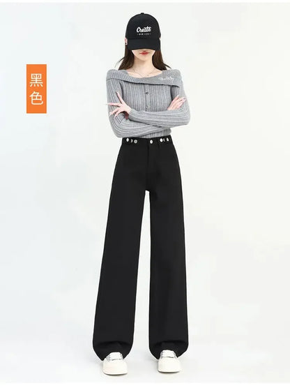 Winter Thick Warm Womens High Waist Jeans Fleece Lined Loose Fit Wide Leg Trousers Korean Style Stretchy Adjustable Waist  Jeans