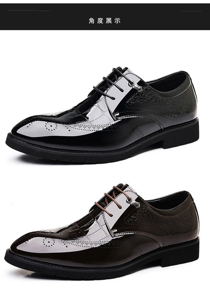 Lace Designer Fashion Business Casual Shoes for Men Spring Summer New Patent Leather Shoes Male Solid Color Wedding Shoe Man