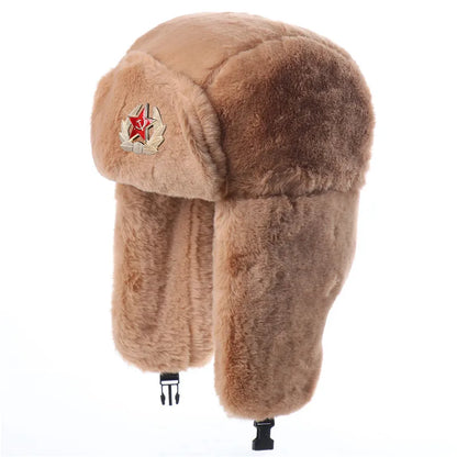 Winter Women Soviet Badge Bomber Hat Warm Faux Rabbit Fur Pilot Ushanka Windproof Thermal Earflap Hats For Men Ski Caps