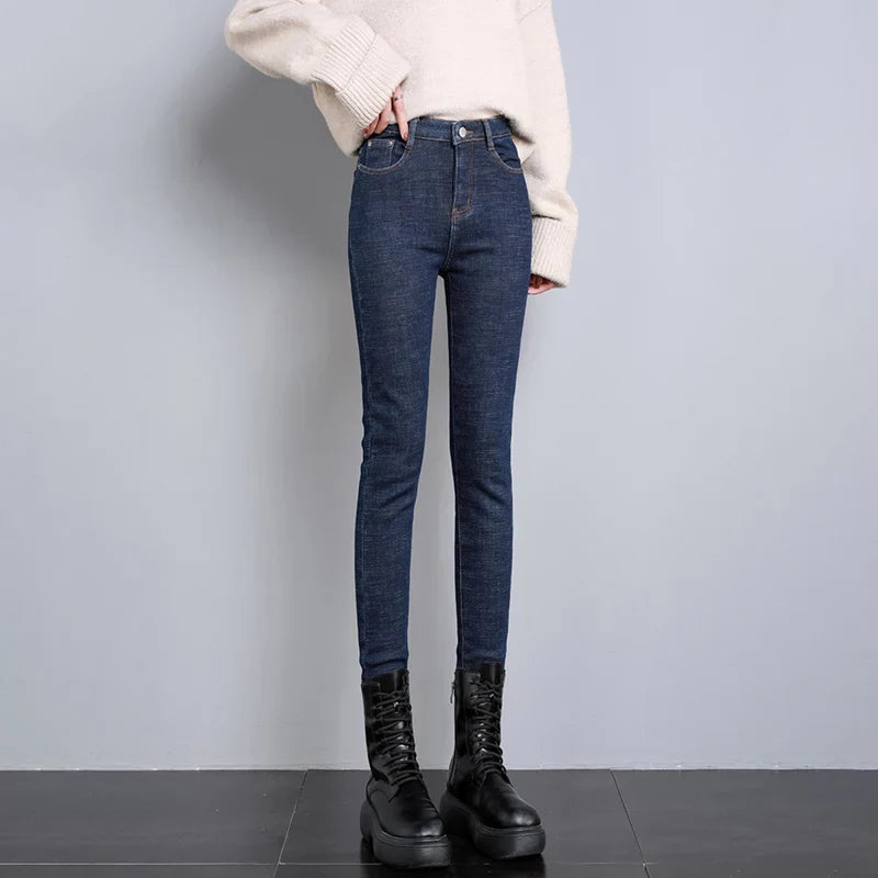 2023 Fashion Women Stretch High Waist Pencil Pants Casual Female Velvet Jeans High Quality Fleece Mom Jeans Thick Plush Pants