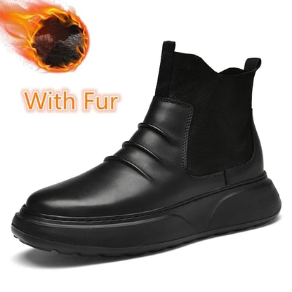 Luxury Brand Male Slip on Chelsea Boots Genuine Leather Mens Warm Winter Shoes High Quality Ankle Boots Men Handmade Snow Boots