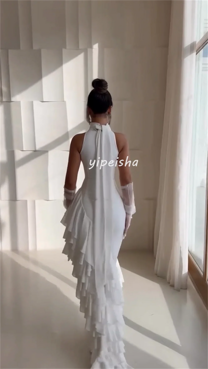 Customized Modern Style Pastrol Chiffon Ruched Ruffle Tiered Mermaid Scoop Neck Long Dresses Bespoke Occasion Dresses Exquisite