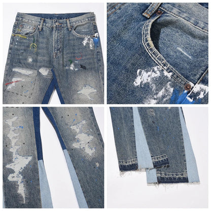 Blue Speckle Ink Washed Flared Jeans Slim Fit Hip Hop Graffiti Ripped Denim Pant Men Streetwear Vintage Wide Leg Jean Pants Y2k