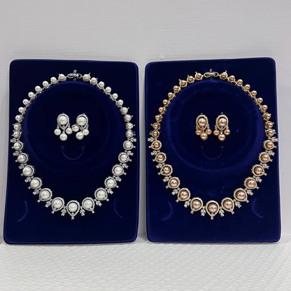 Luxury Round Shape Gold Color Pearl Necklace 2 Pieces Set , Bridal Wedding Dubai Saudi Jewelry for Women's Party