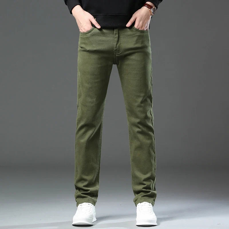 Large Size 42 44 Autumn 96% Cotton Men's Stretch Slim Jeans ArmyGreen Soft Comfortable Casual Straight Denim Pants Trousers