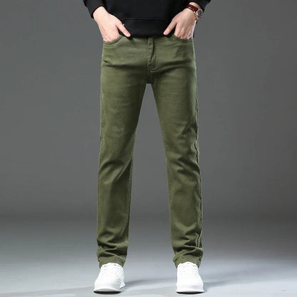 Large Size 42 44 Autumn 96% Cotton Men's Stretch Slim Jeans ArmyGreen Soft Comfortable Casual Straight Denim Pants Trousers