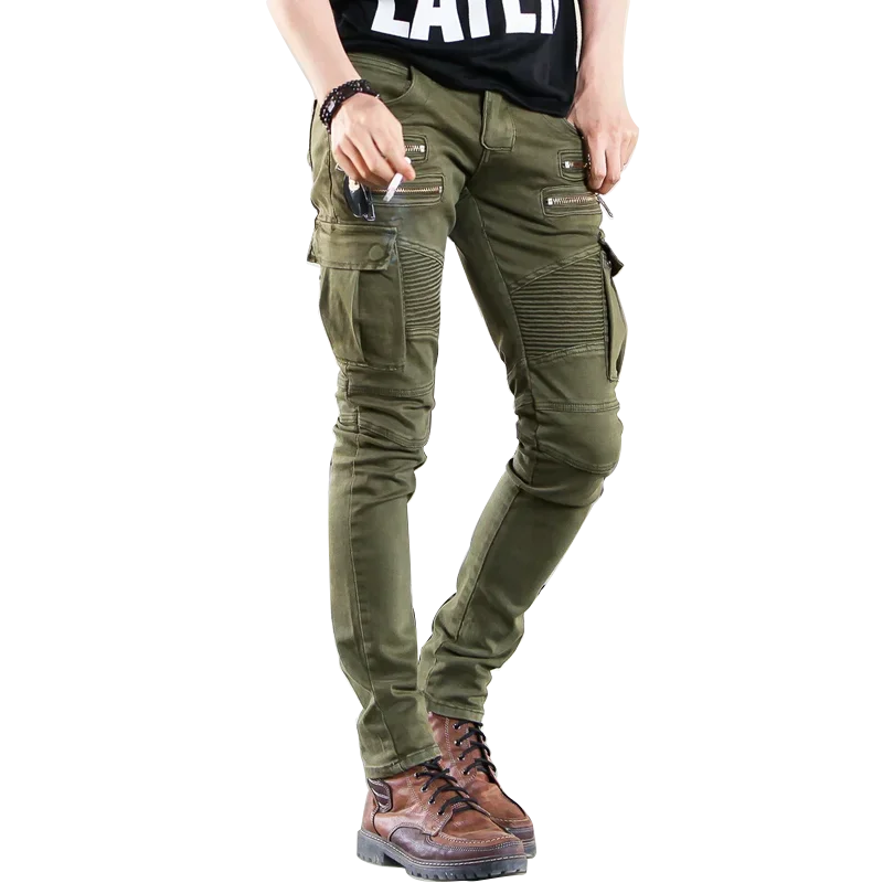 Fashion Fold Men Jeans Stretch Pleated Biker Cargo Jeans Zipper Skinny Slim Fit Trouser Hiphop Punk Multi Pocket Denim Pant Male