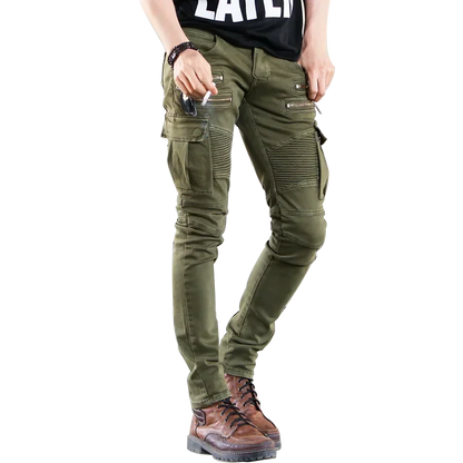 Fashion Fold Men Jeans Stretch Pleated Biker Cargo Jeans Zipper Skinny Slim Fit Trouser Hiphop Punk Multi Pocket Denim Pant Male