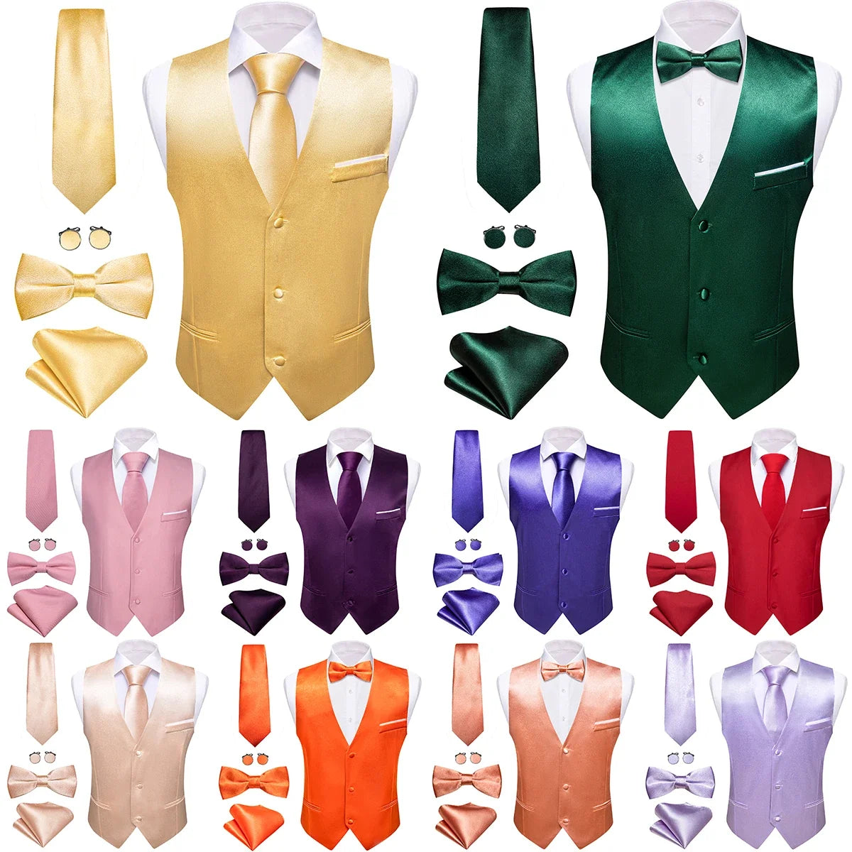 Elegant Silk Vest for Men Wedding Solid Gold Green Pink Purple Red Waistcoat Tie Bowtie Set Sleeveless Jacket Suit Barry Wang
