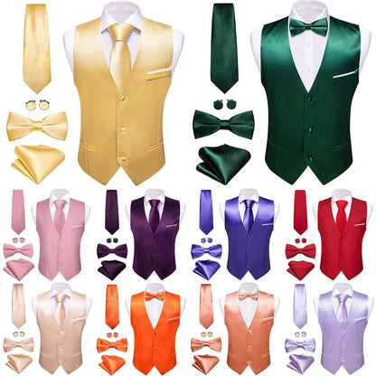 Elegant Silk Vest for Men Wedding Solid Gold Green Pink Purple Red Waistcoat Tie Bowtie Set Sleeveless Jacket Suit Barry Wang