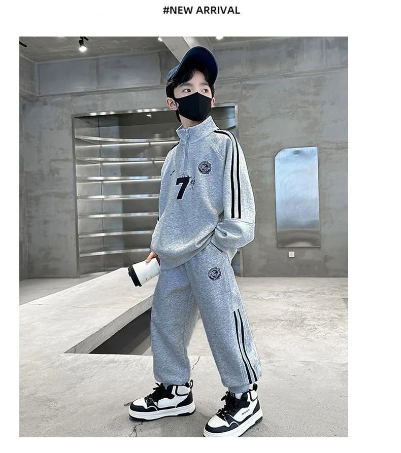 SpringAutumn Boys Cotton Half Zip Pullover Sweatshirt+Sweatpant Work Set School Kid 2PCS Tracksuit Children Jogger Outfit 5-16Yr