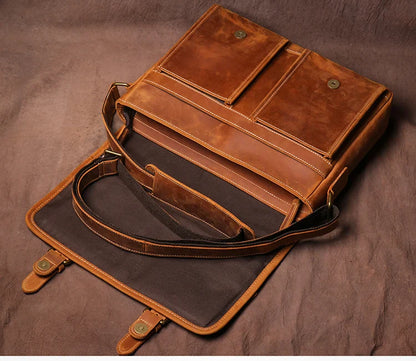 Vintage Crazy Horse Leather Messenger Bag Men's Genuine Luxury Sling Shoulder Bag Office Briefcase Crossbody 12.9 Inch Ipad