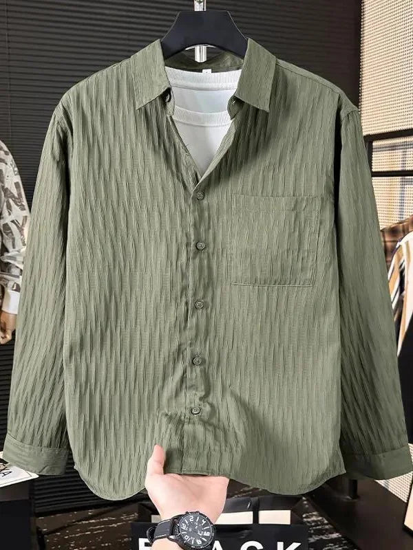 Casual Ice Silk Bubble Men's Anti-Wrinkle Summer Loose Fashionable Long Sleeve Shirt Urban Style Flip Collar Button Closure