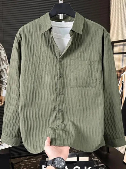 Casual Ice Silk Bubble Men's Anti-Wrinkle Summer Loose Fashionable Long Sleeve Shirt Urban Style Flip Collar Button Closure