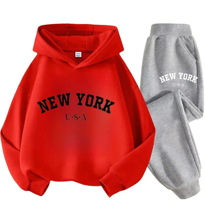 Children Hoodie Set Autumn Winter New York USA Letter Graphic Sweatshirt Pant Suit Baby Boy Girl Kid Sport Two Pieces Tracksuit