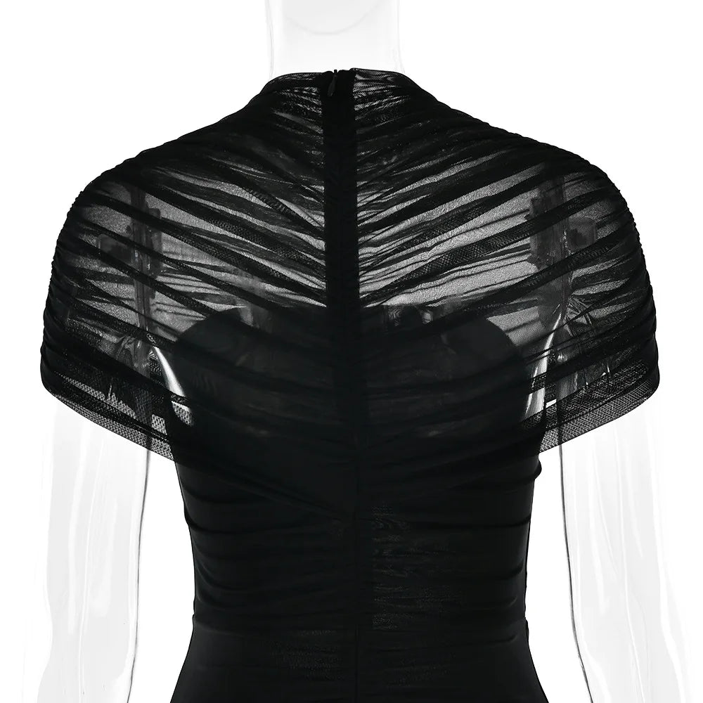 New Ruched Irregular Mesh Dress Women Patchwork High Neck Short Sleeve Hollow Out Long Dresses Female Party Maxi Dresses Outfits