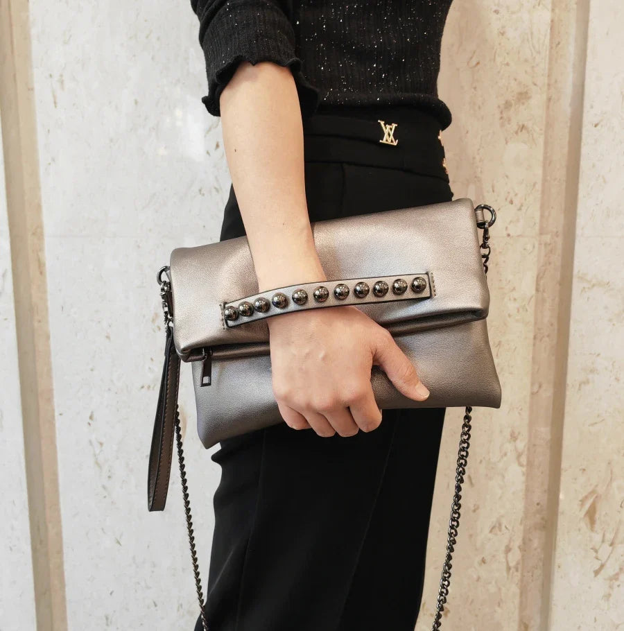 Folding design women Clutch Fashion rivets PU Leather Ladies Crossbody Bag chain Female Shoulder bag Clutches black wallet