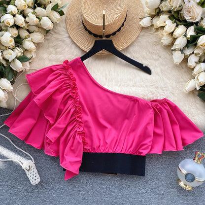 American Chic Blouse for Women Flounced Edge Skew Collar Bare Midriff Belt Skinny Shirts Summer Casual Female Tops Dropshipping