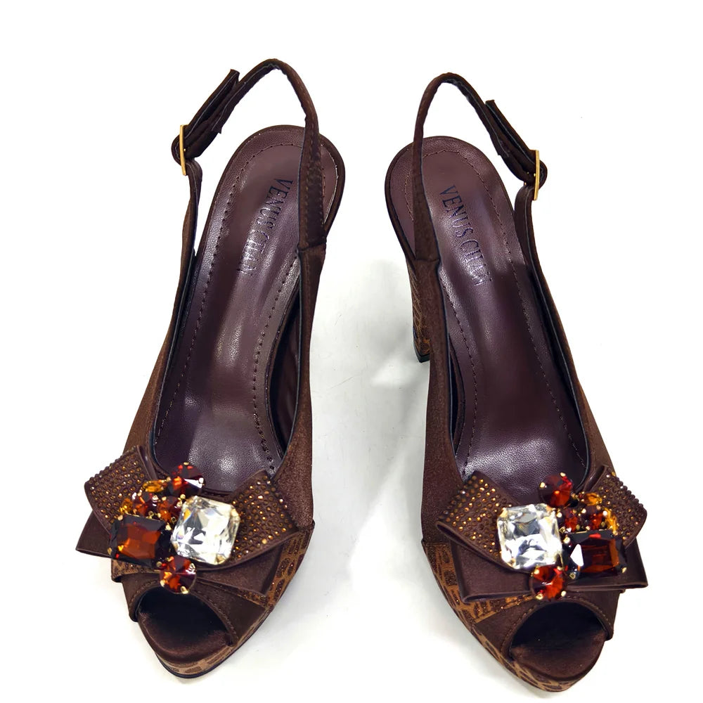 Shoes for Women High Heels INS Style Rhinestone Peep Toe Bow Gold Color New Italian Shoes and Bag for Party 2024