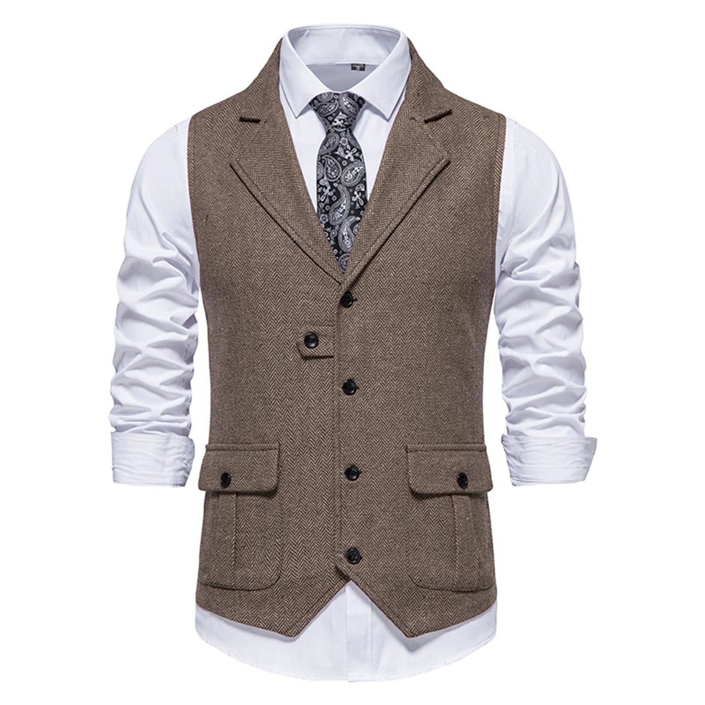 Tailored Collar Vest for Men Single Breasted Herringbone Tweed Suit Vest Mens Formal Striped Waistcoat Punk Groomsmen Wedding