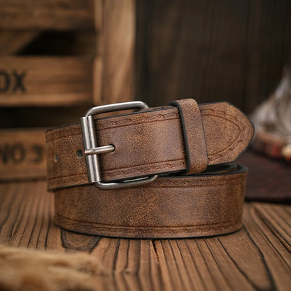 A Men's and Women's Matching Belt with Retro Button Closure, PU Faux Thread Embossed Belt, Casual Style, Versatile.