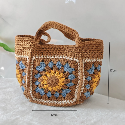 Boho Crochet Handbag for Women – Handmade Granny Square Tote Bag, Retro Knitted Shoulder Bag, Summer Casual Purse
