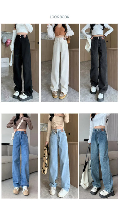 Y2K Woman Jeans High Waist Wide Leg Cotton Denim Clothing Blue White Streetwear Vintage Fashion Harajuku Straight Pants
