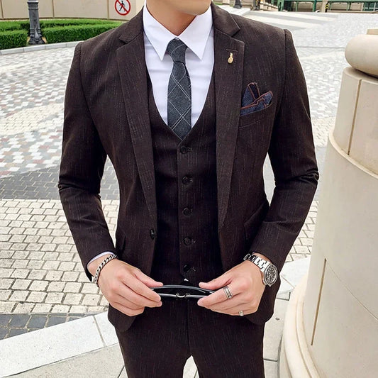 ( Blazer + Vest + Pants ) High-end Formal Casual Business Striped Fashion Men's 3 Piece Suit Groom Wedding Dress Suit