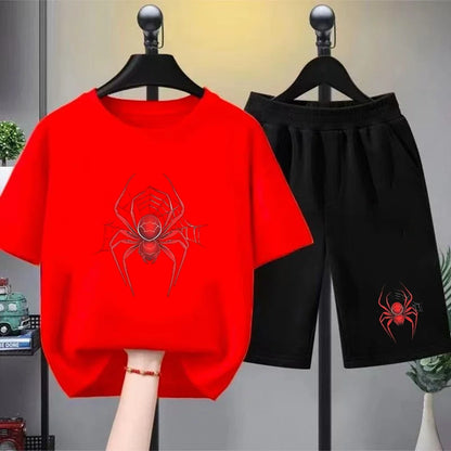 Red Spider Kids Summer T-shirt+Shorts Boy black Girl pink Round Neck Short-sleeved Toddler age 3-12 Casual loose Set print