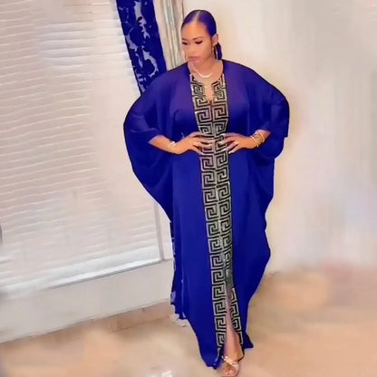 Fashion African Woman Large Size Bat Sleeve Dress Muslim Islamic Style Robe Imitation Silk Hot Fix Rhinestone
