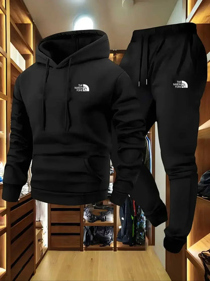 Men's Autumn and Winter Pattern Casual Two-Piece Set Hooded Sweatshirt and Pants with Pockets Regular Fit Outdoor Sport Suit