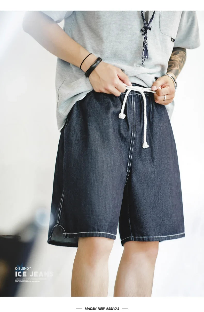 Vintage Cool-Touch Denim Shorts Men's Summer Lightweight Straight Leg Elastic Waist Jeans Shorts Breathable Casual Bottom