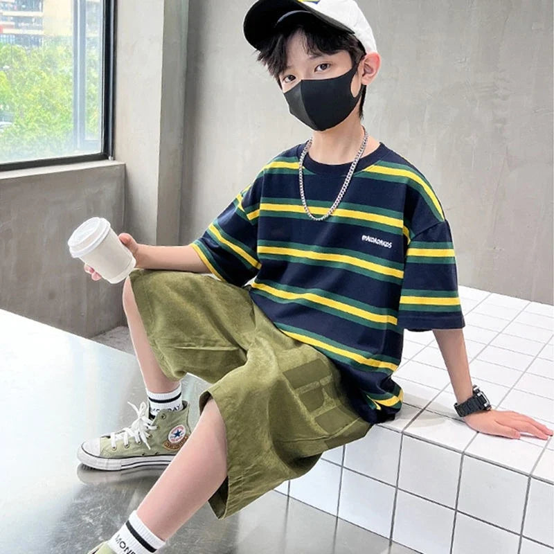 Stripe Outdoor Clothes for Children Tracksuit Boy 7 14 Years Clothing Boys Outfit Set 10 Children's Suit Boy's Child Summer Sets