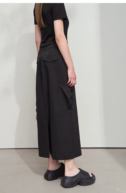 Minimalist Women Clothing Skirt 2025 Autumn New Casual Loose Multi-pocket Drawstring Elastic Waist Long Skirt 12522020