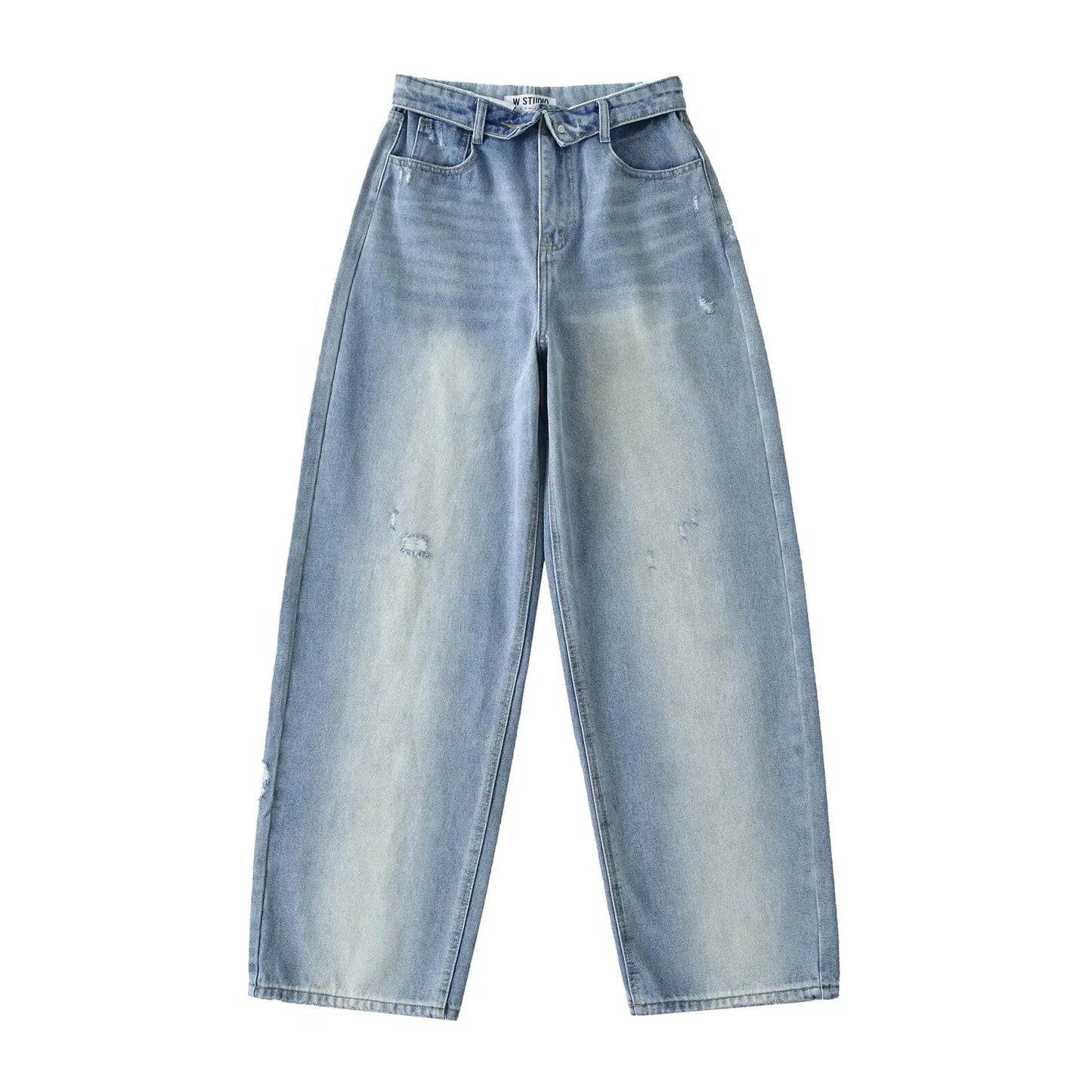American Retro Cuffed High Waist Slimming Casual Denim Jeans Women's Autumn Versatile Loose Straight Leg Floor-Length Pants