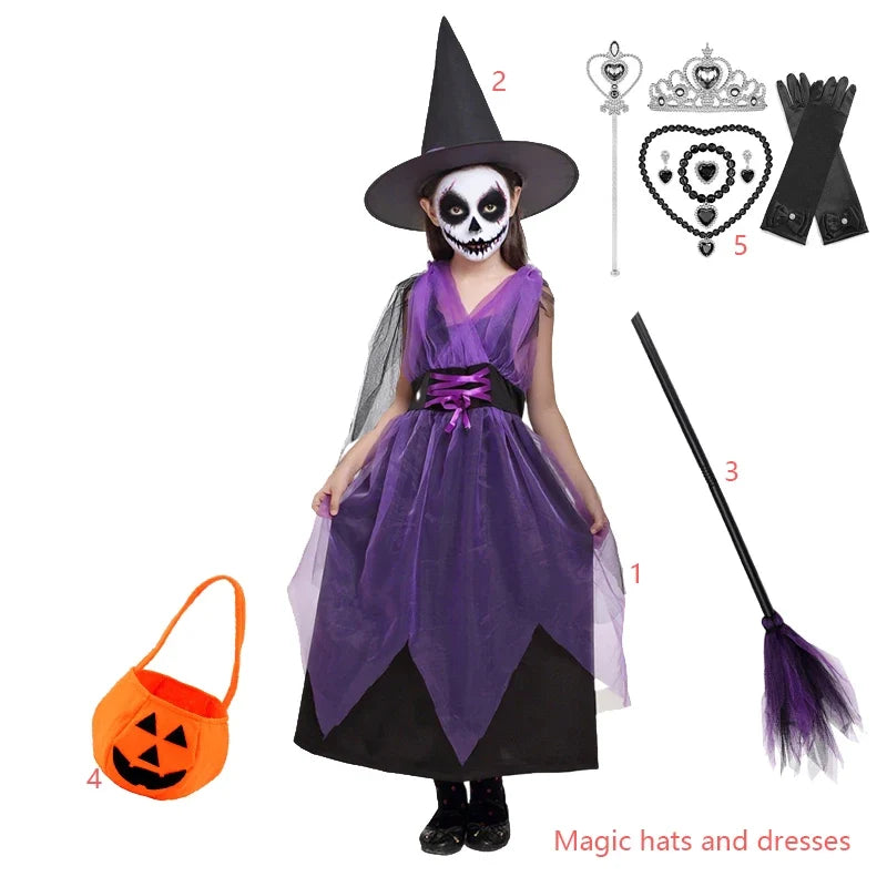 Kids Witch Halloween Costume Witch Cosplay Dress and Magic Hat Set Carnival Party Clothes for Girls Gothic Vampire Costume