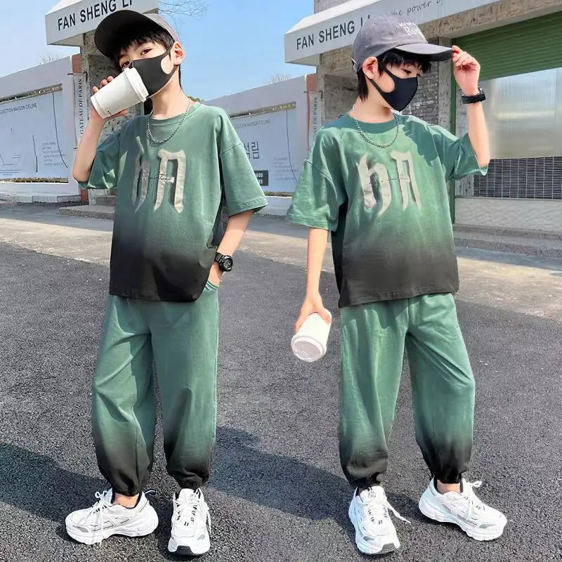 Summer Boys Leisure Gradient T-Shirt Top+Loose Sweatpant Workout Set School Kids 2PCS Tracksuit Children Vacation Outfit 5-16 Yr