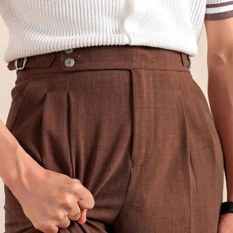 2025 New Italian Style Double Pleated Neapolitan Mens Formal Pants Casual Business Straight Leg High Waist Office Trousers Men