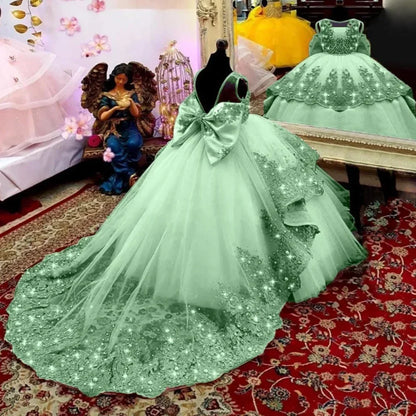 Customized Flower Girl Dress for Wedding Suspenders with Bow Satin Ball Gown Kids Birthday First Communion Party Dress