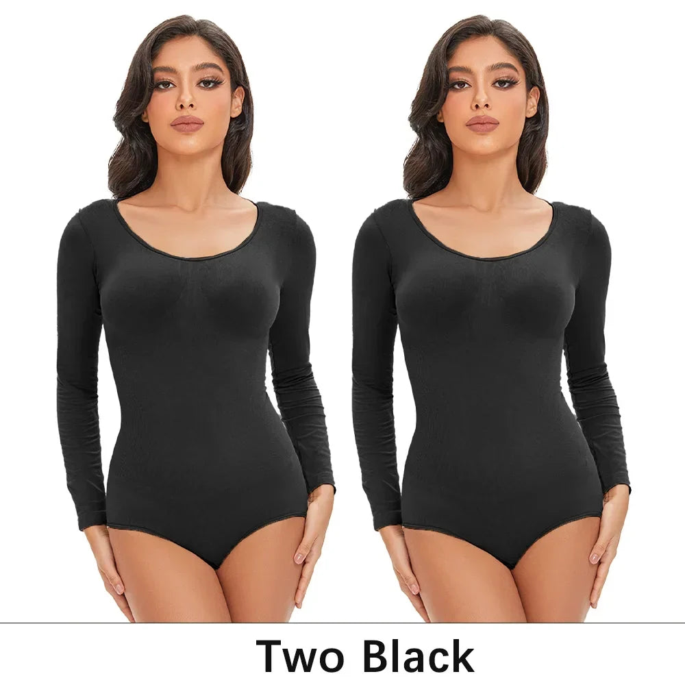 Spandex Elastic Body Suit Shapewear Women Body Shaper Tummy Control Long Sleeve Open Crotch Round Neck Seamless Shapers