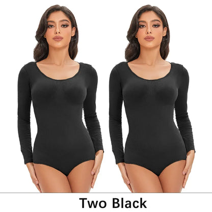Spandex Elastic Body Suit Shapewear Women Body Shaper Tummy Control Long Sleeve Open Crotch Round Neck Seamless Shapers
