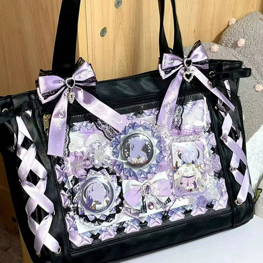 New Japanese Sweet Girl Ulzzang Ita Bag Ribbon Cute Handbag for Women Large Capacity Transparent DIY Badge One-shoulder Tote Bag