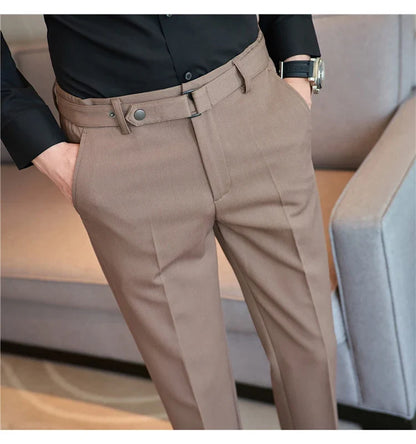 Fashion Belt Decoration Design Men's Suit Pants High Quality Business Slim Fit Casual Straight Formal Wedding Party Trousers