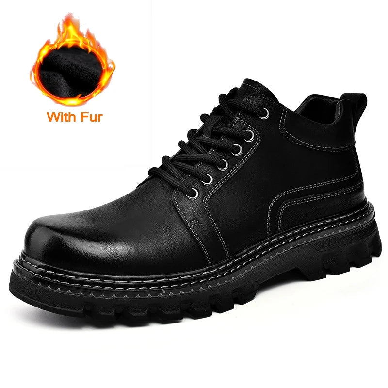Genuine Leather Men Boots Cow Leather Upper Durable Sole Lace up Autumn Winter Boots Fur Daily Leisure Outdoor Shoes For Man New