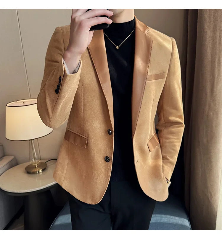 High Quality Deerskin Velvet Splicing Leather Collar Suit Blazers Men Casual Business Slim Coats Mens Social Wedding Clothing