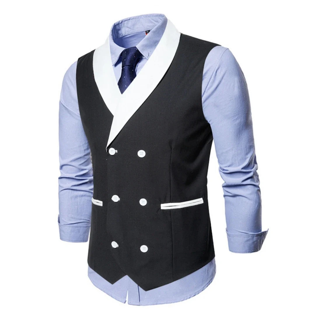 Men Vest Gray With White Lapel And Pocket Double Button Waistcoat For Wedding Birthday Banquet Business Daily Men Suit Vest