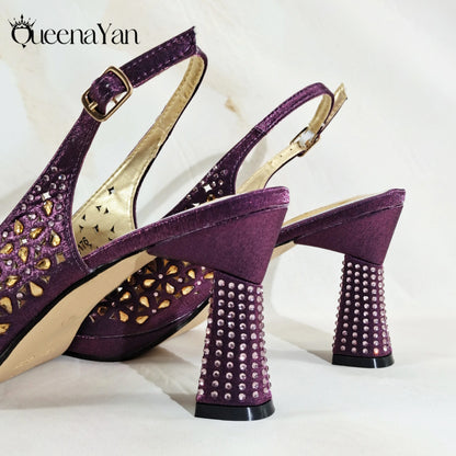 New Italian Design Open Toe Women High Heels for 2025 Elegant Party Wine Color Diamond Pumps Shoes and Bags Matching Set