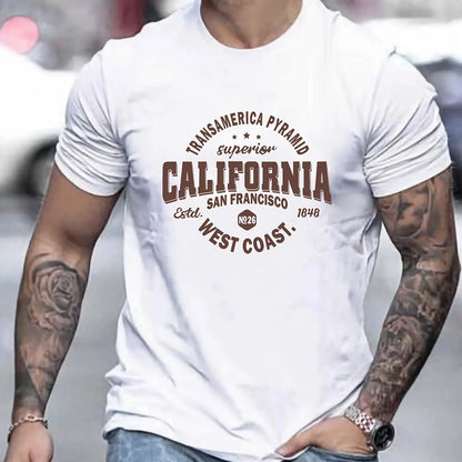Men's 100% cotton casual sports loose fit California West Coast print round neck short sleeved T-shirt top