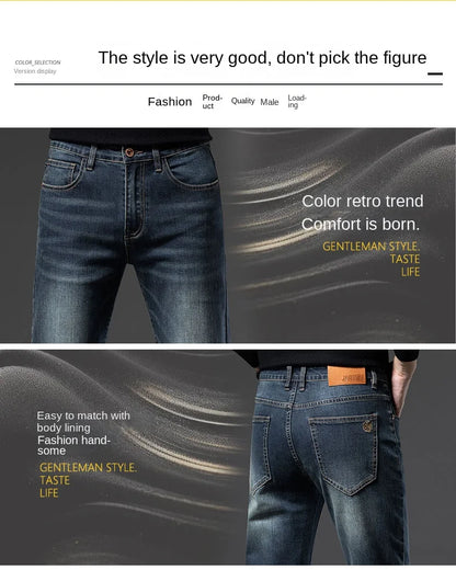 2025 New High-end High-quality Denim Double-core Cotton Elastic Jeans Retro Nostalgic Men's Straight-fit Trousers